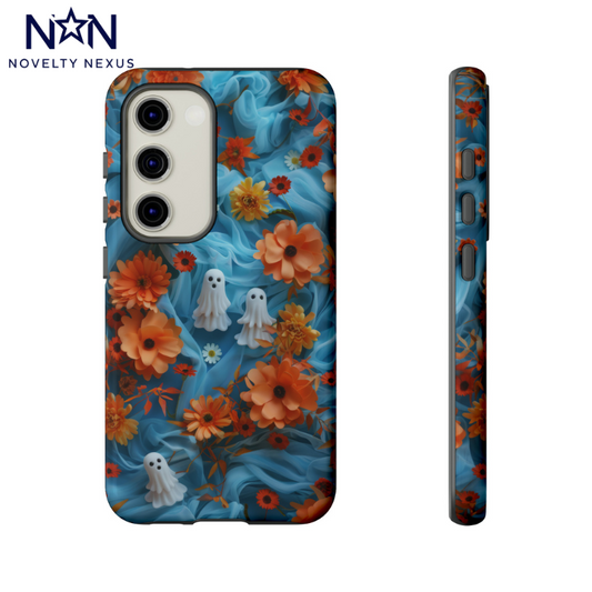 Custodia per telefono floreale spettrale di Halloween, cover con design di fantasmi e fiori autunnali per smartphone, custodie per telefoni resistenti