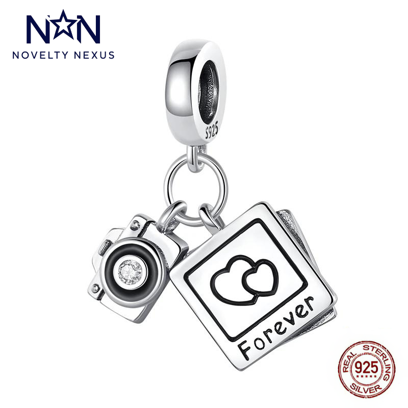 Romantic Sterling Silver Camera and Photo Frame Charm with "Forever" Inscription, Ideal for Capturing Timeless Memories