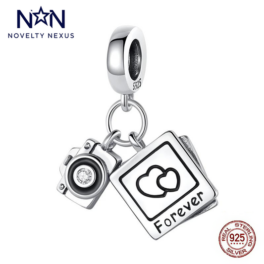 Romantic Sterling Silver Camera and Photo Frame Charm with "Forever" Inscription, Ideal for Capturing Timeless Memories