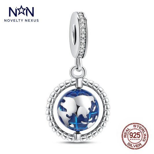 Elegant Sterling Silver World Map Charm with Blue Enamel and Sparkling Crystals, Perfect for Travel Enthusiasts and Global Explorers