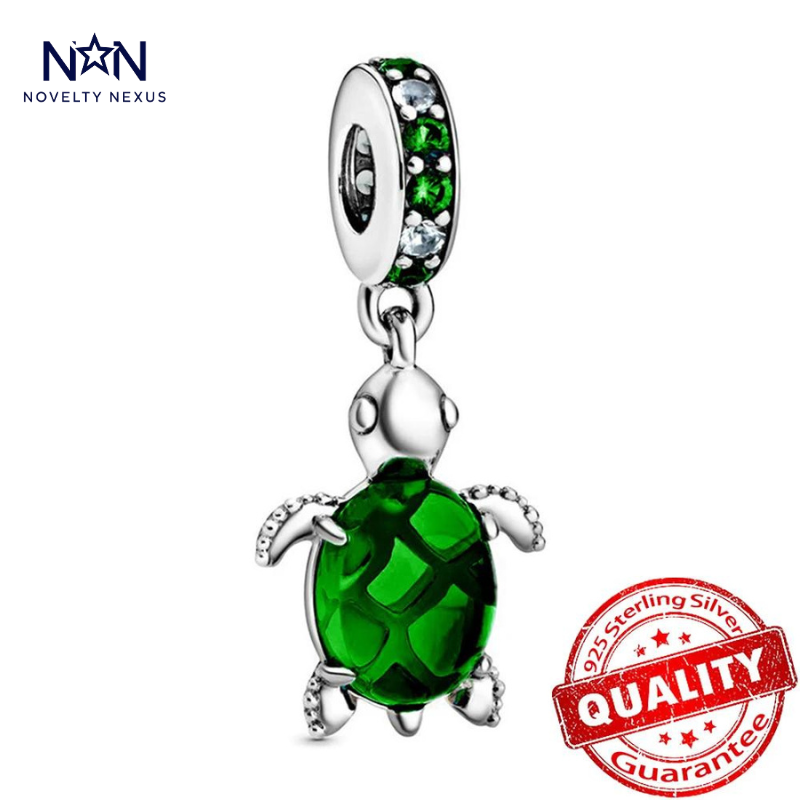 "Emerald Seas" Green Crystal Turtle Charm in Sterling Silver