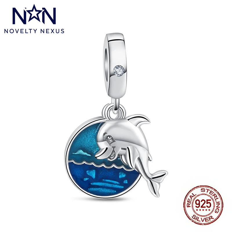 Stunning Sterling Silver Dolphin Charm with Ocean Blue Enamel and Sparkling Crystal, Perfect for Sea Life Enthusiasts