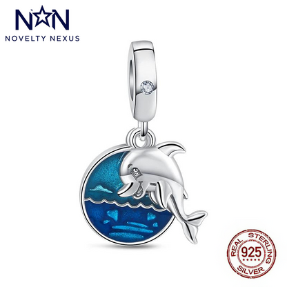 Stunning Sterling Silver Dolphin Charm with Ocean Blue Enamel and Sparkling Crystal, Perfect for Sea Life Enthusiasts