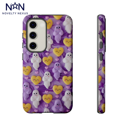 Purple Passion Ghostly Hearts Phone Case, Adorable Spirits with Love Emojis Cover for Smartphones, Tough Phone Cases