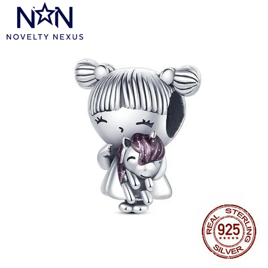 Adorable Sterling Silver Girl and Unicorn Charm, Whimsical Cartoon Design, Perfect for Adding a Touch of Fantasy to Bracelets and Necklaces