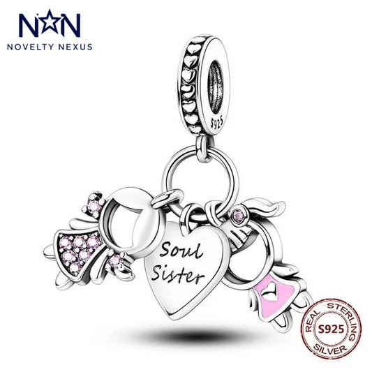 Sterling Silver 'Soul Sister' Charm with Heart and Key Design, Adorned with Pink Crystals, Perfect Friendship Gift for Your Sister by Choice