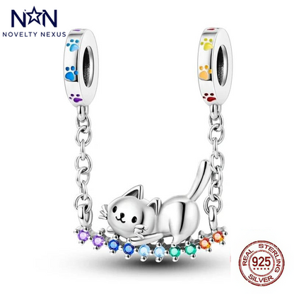 "Playful Kitty Safety Chain" Sterling Silver Charm"