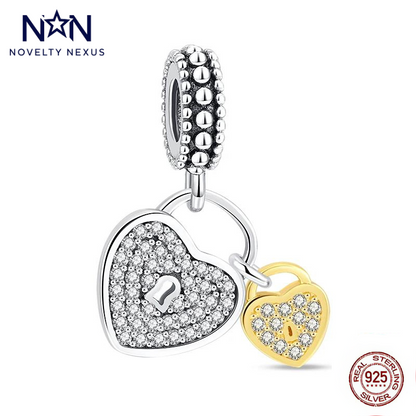 Sparkling Heart Lock Duo Charm, Sterling Silver