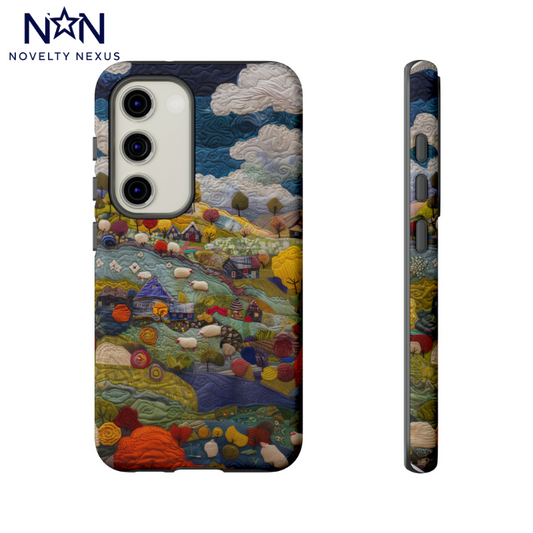 Custodia per iPhone in stile patchwork di campagna, design del paesaggio agricolo trapuntato, custodia protettiva realizzata artigianalmente, custodie per telefoni resistenti