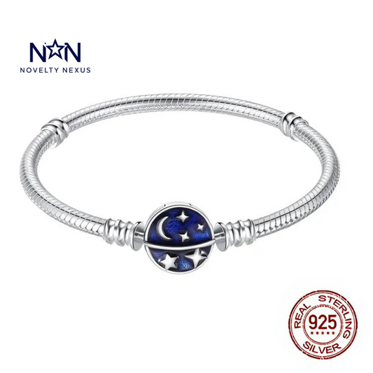 "Stellar Nights": Moon and Stars Charm in Sterling Silver Snake Chain Bracelet