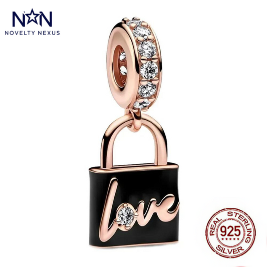 Ciondolo in argento sterling "Love Lock" con placcatura in oro rosa, smalto nero e cristalli scintillanti per bracciali e collane