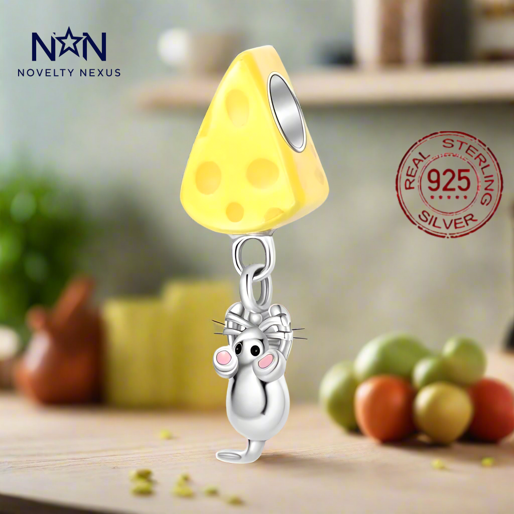 "Cheese and Mouse" Sterling Silver Charm with Yellow Enamel