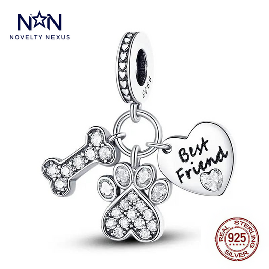 Adorable Sterling Silver 'Best Friends' Pet Charm, Paw and Bone Design with Crystals, Perfect Gift for Pet Owners and Animal Lovers