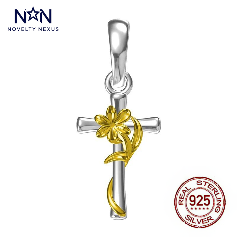 Divine Blossom Cross Charm, Sterling Silver