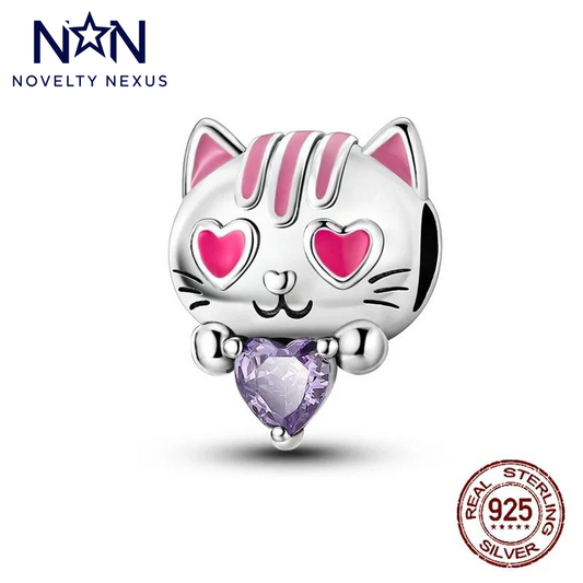 "Love-Struck Kitten" Sterling Silver Pink Heart Charm