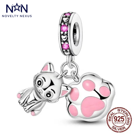 Ciondolo a forma di zampa rosa in argento sterling "Coccole di gattino".