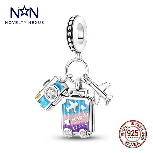 Unique Travel-Themed Sterling Silver Charm, Dazzling Suitcase & Camera Pendant, Ideal for Wanderlust Jewelry, Memorable Gift for Travelers