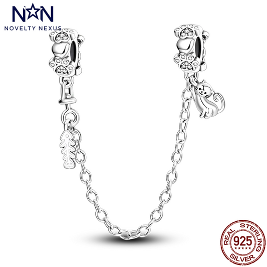 "Sterling Silver Cat and Leaf Safety Chain Charm"