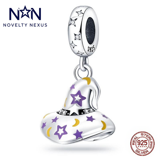 "Enchanted Witch Hat" Charm in Sterling Silver with Purple and Yellow Enamel, Magical Halloween Pendant for Bracelets