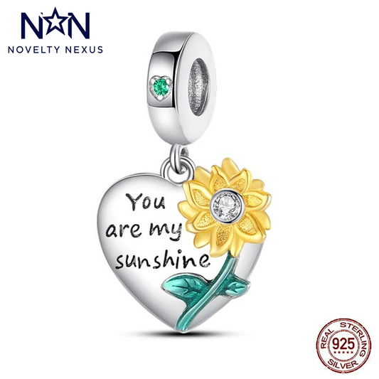 "You Are My Sunshine" Herz &amp; Sonnenblume Silber Charm mit grünem Kristall