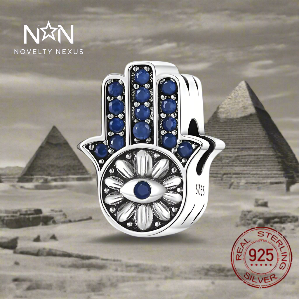 "Hamsa Hand Charm" 925 Sterling Silver with Blue Sapphire Accents