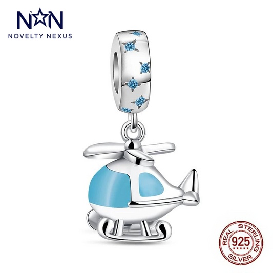 Sky Adventure Helicopter Charm – Sterling Silver with Blue Enamel Accents