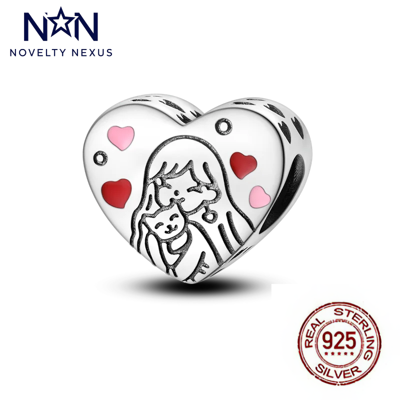 "Feline Affection" Heart Charm in Sterling Silver