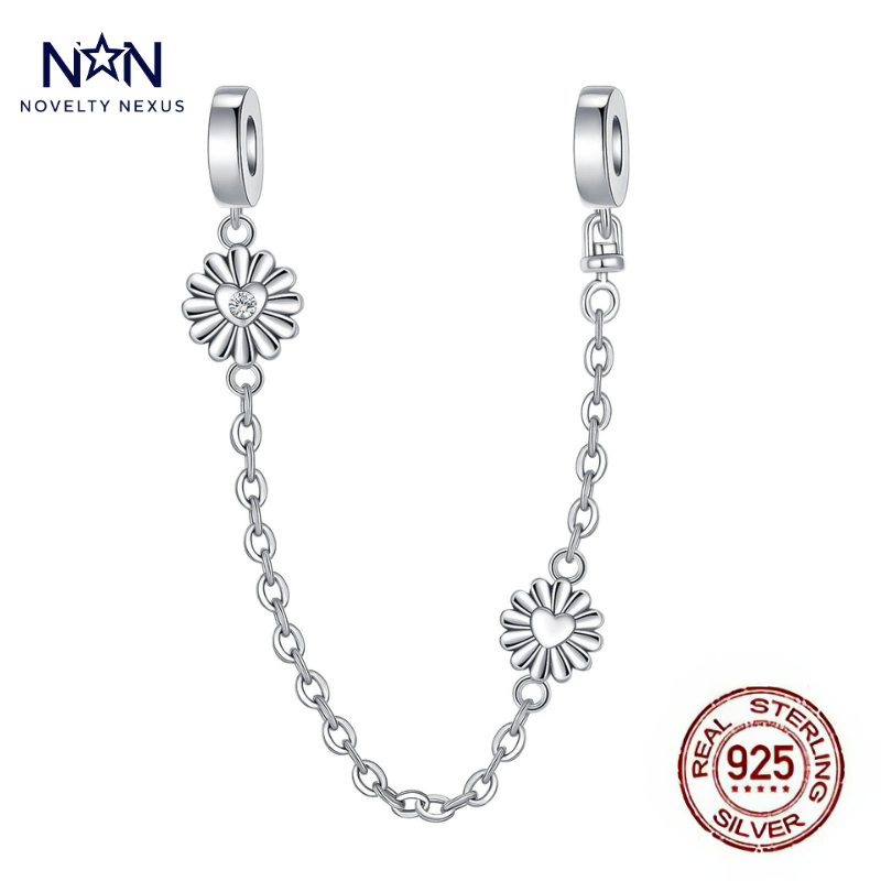 "Daisy Flower Safety Chain" Charm in Sterling Silver