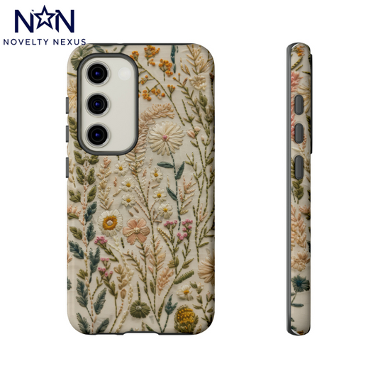 Custodia per iPhone con fiori ricamati artigianali, design botanico strutturato, elegante accessorio protettivo, custodie resistenti