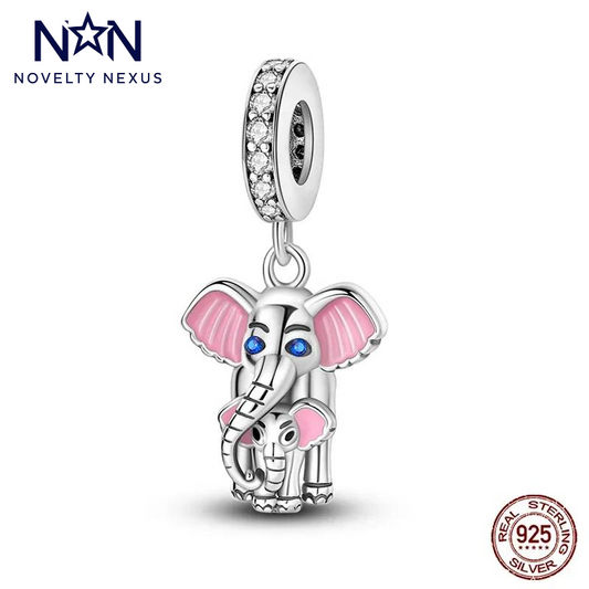 Ciondolo "Madre e cucciolo di elefante" con accenti rosa e blu in argento sterling