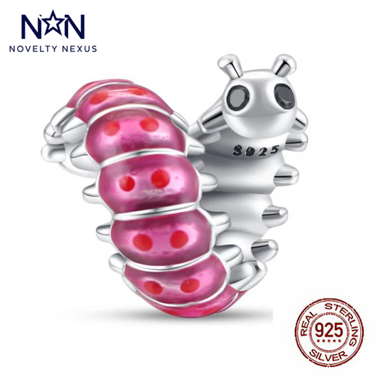 Playful Caterpillar Charm – Sterling Silver with Pink Enamel Accents