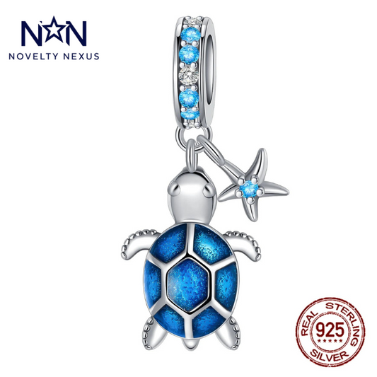 "Blue Sea Turtle & Starfish" Sterling Silver Charm