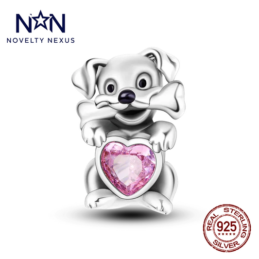 "Adorable Puppy Charm with Pink Heart Gemstone" in Sterling Silver