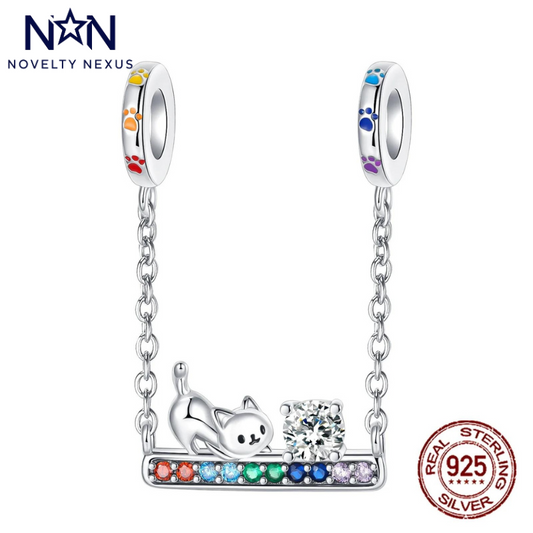 "Playful Cat with Rainbow Gemstone Safety Chain Charm" in Sterling Silver