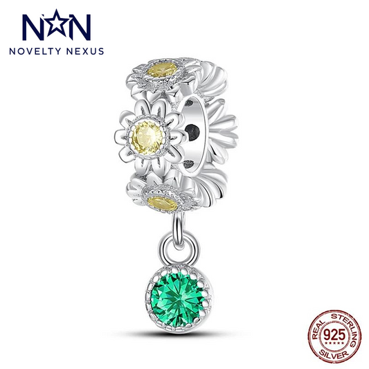 Ciondolo floreale in argento sterling "Blossom and Shine" con cristallo verde pendente