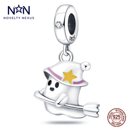 "Flying Witch Ghost" Charm in Sterling Silver with Enamel Accents, Adorable Halloween Ghost Pendant for Bracelets