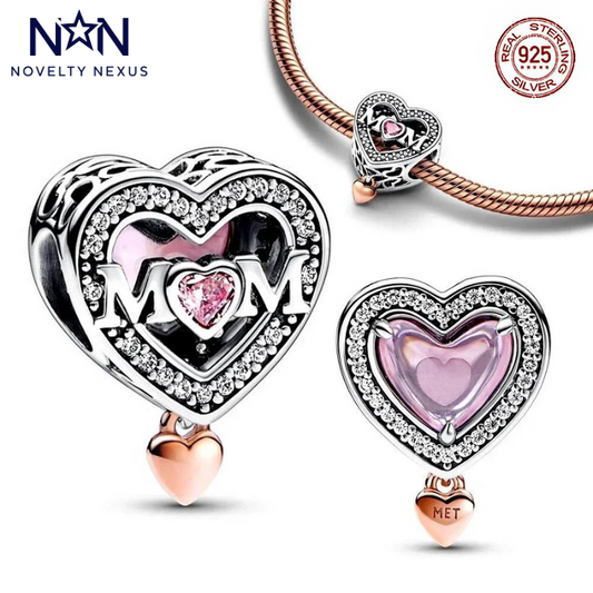 "Heartfelt Mom" Sterling Silver Charm with Pink Crystals and Rose Gold Accents for Bracelets and Necklaces