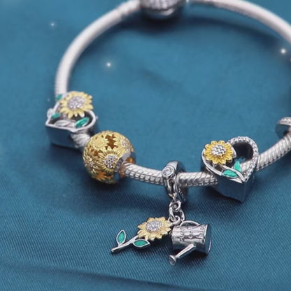 Sterling Silver Heart Charm with Hummingbird and Golden Sunflower, Exquisite Nature-Inspired Design with Crystal Details